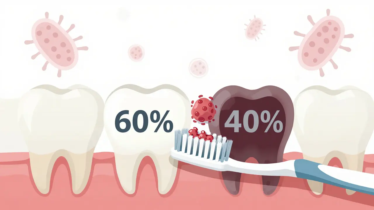 Zubní kartáček čistí jen část zubu, mezizubní kartáček odstraňuje plak mezi zuby.