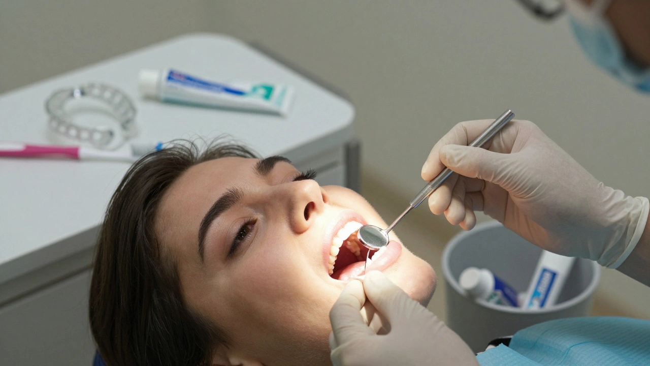 Zubní lékař prohlíží odhalené denu pacienta, na pozadí měkký štětec a ochranná nástavba.