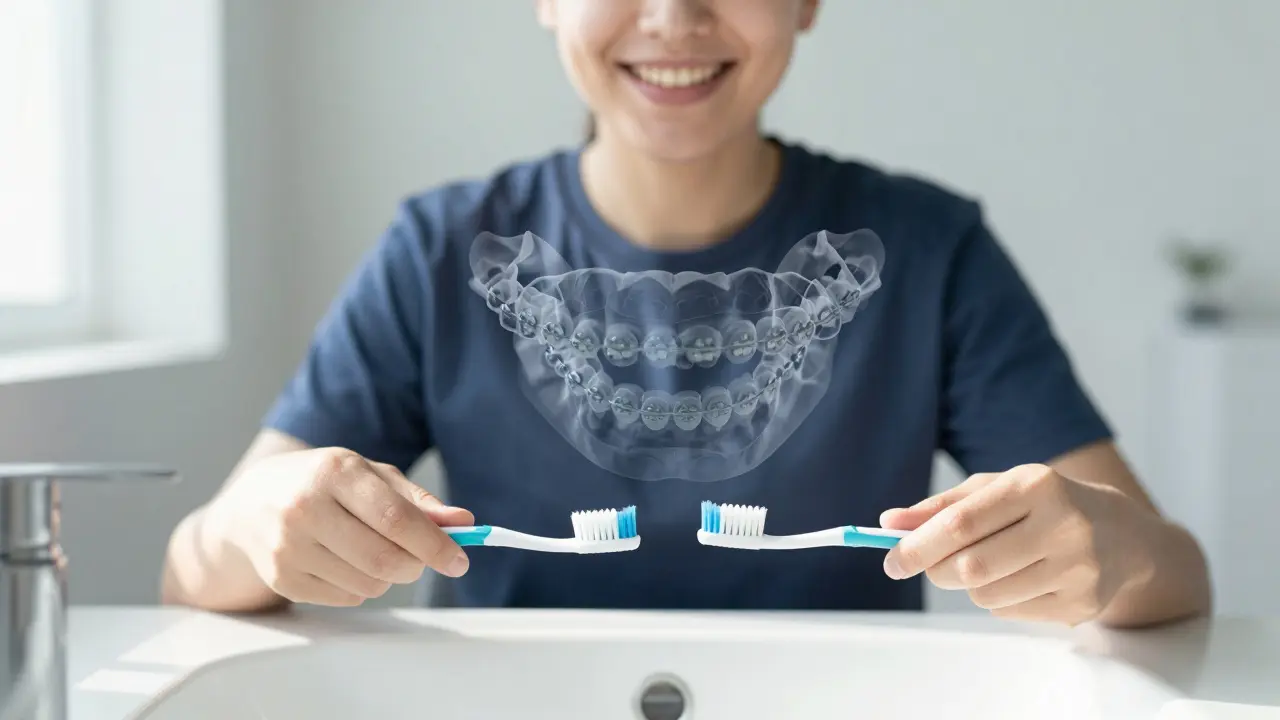 Člověk se usmívá po sundání rovnátek, drží zubní kartáček a mezizubní kartáček.