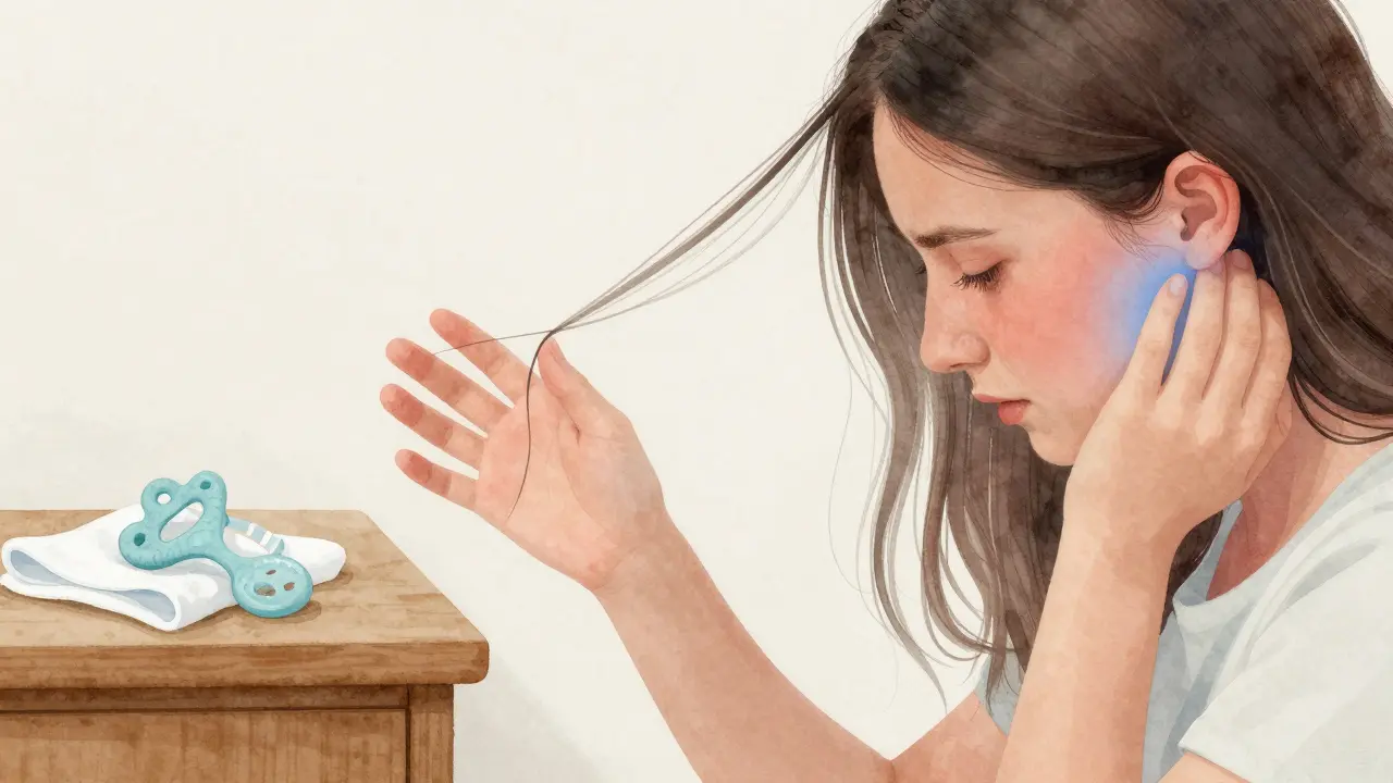 Dítě se drží za vlasy matky, záře naznačuje bolest v čelisti.