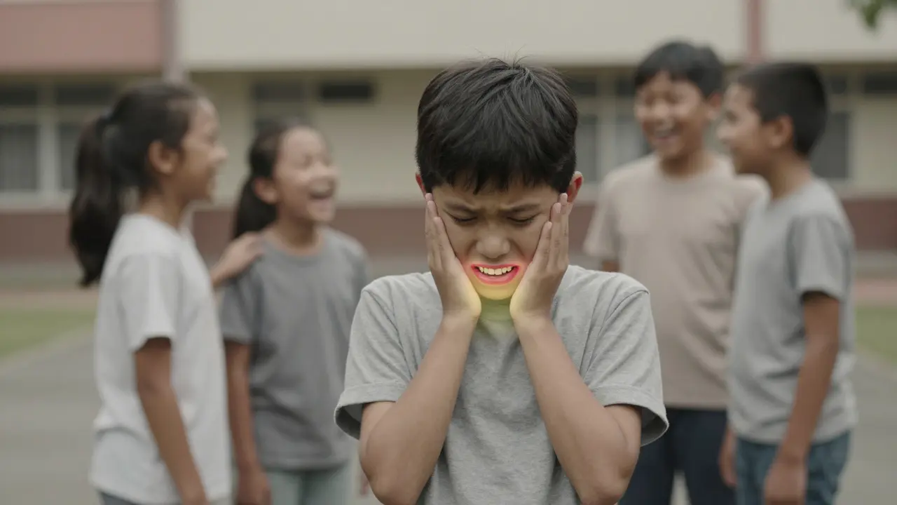 Dítě v školním dvoře, které se stydí svých zubů a je sociálně izolováno.