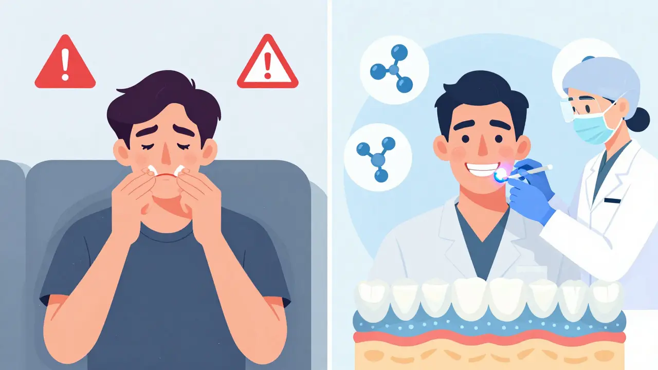 Dvě scény: domácí bělení s riziky vlevo, profesionální bělení s bezpečností vpravo.