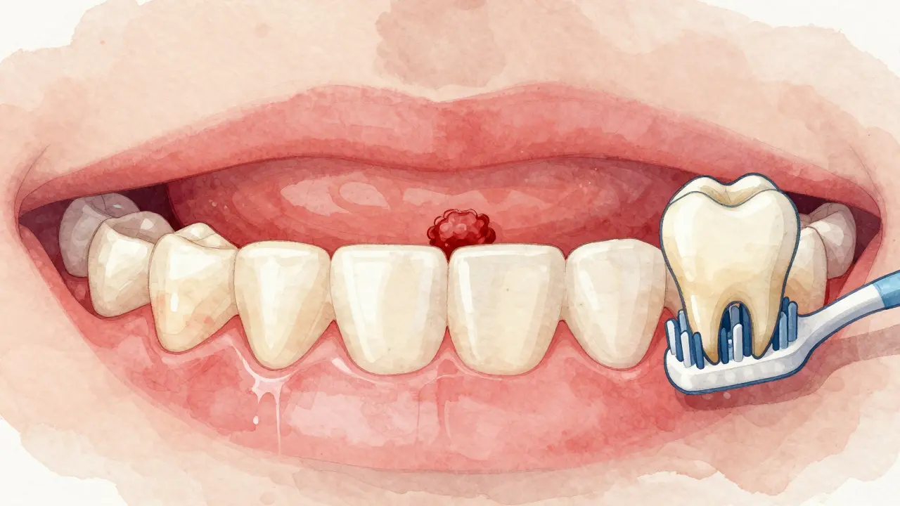 Ilustrace hojení dásní po kyretáži v třech fázích.