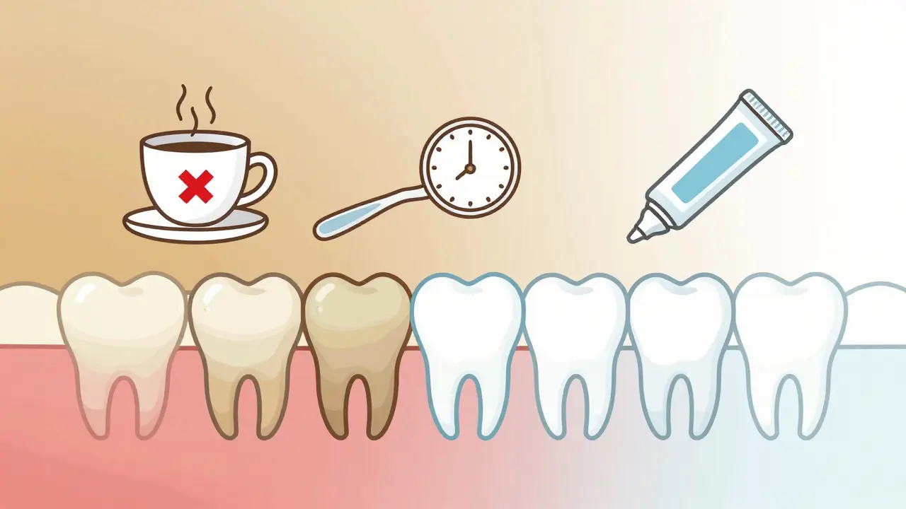 Ilustrace přechodu znečištěných zubů na čisté s ikonami správné péče.