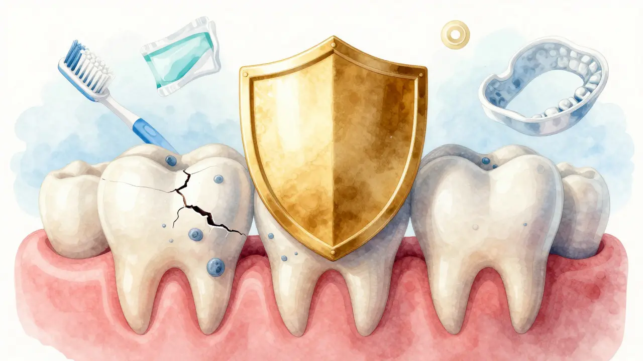 Konceptuální obrázek poškozené sklovinu s bakteriemi a ochranným štítem.