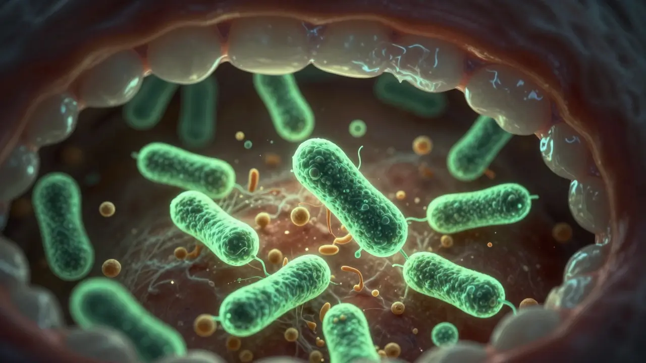 Mikroskopický pohled na bakterie a remineralizaci zubní skloviny v noci.