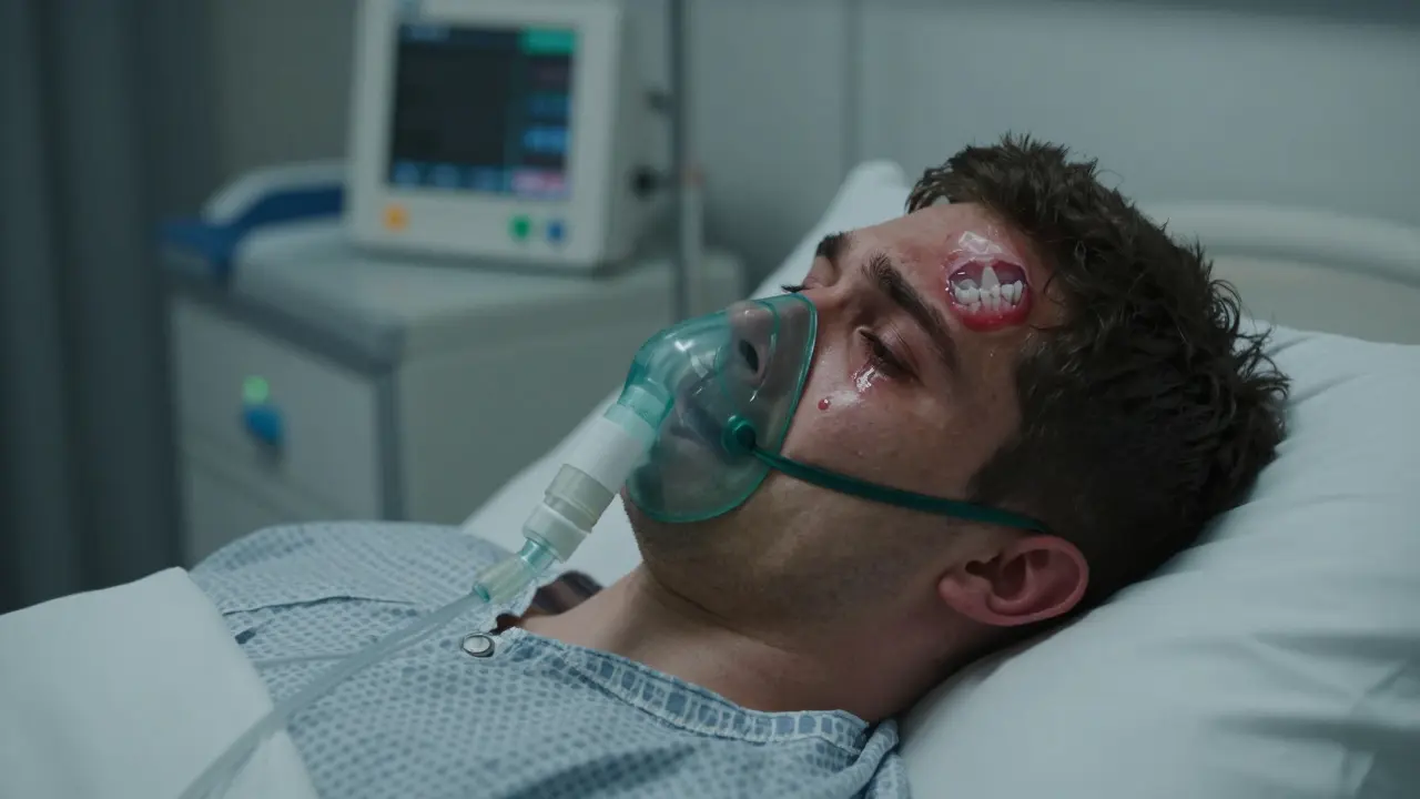 Muž v nemocnici s otokem tváře, spojený s následky nelečeného zubního zánětu.