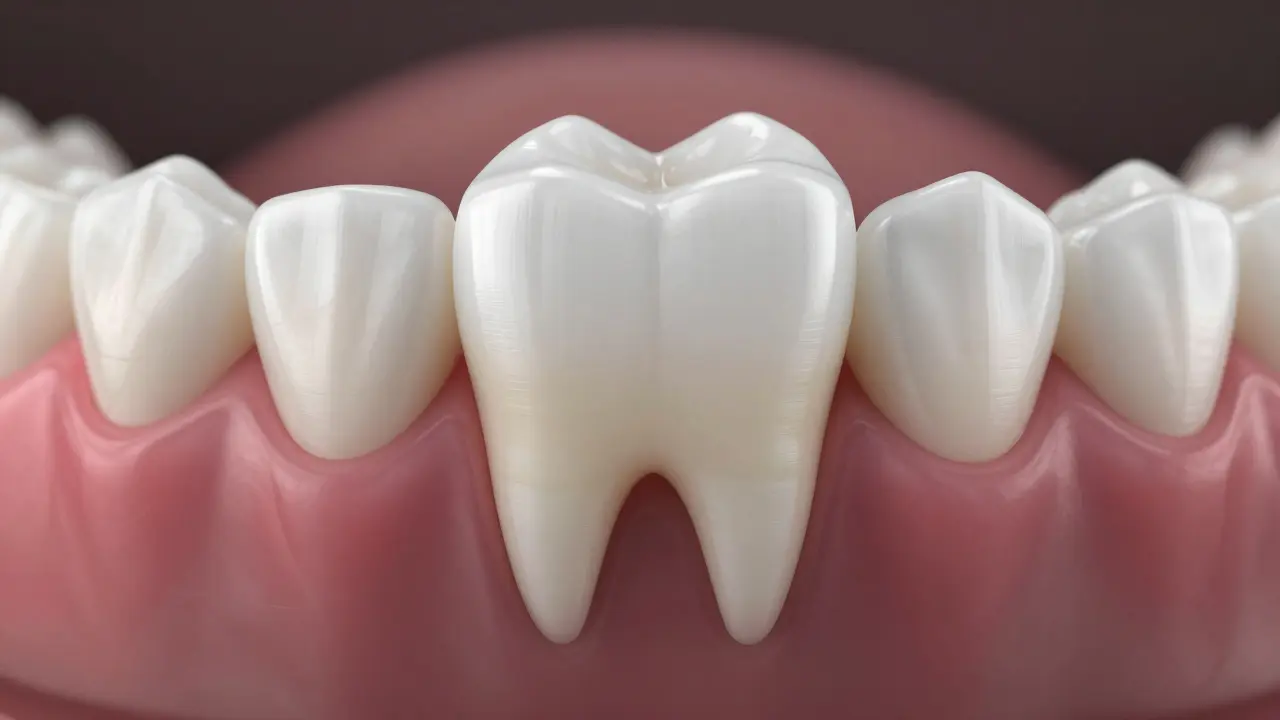 Okraj bílé plomby se postupně žloutne z důvodu pití kávy a čaje, ale plomba zůstává celistvá.