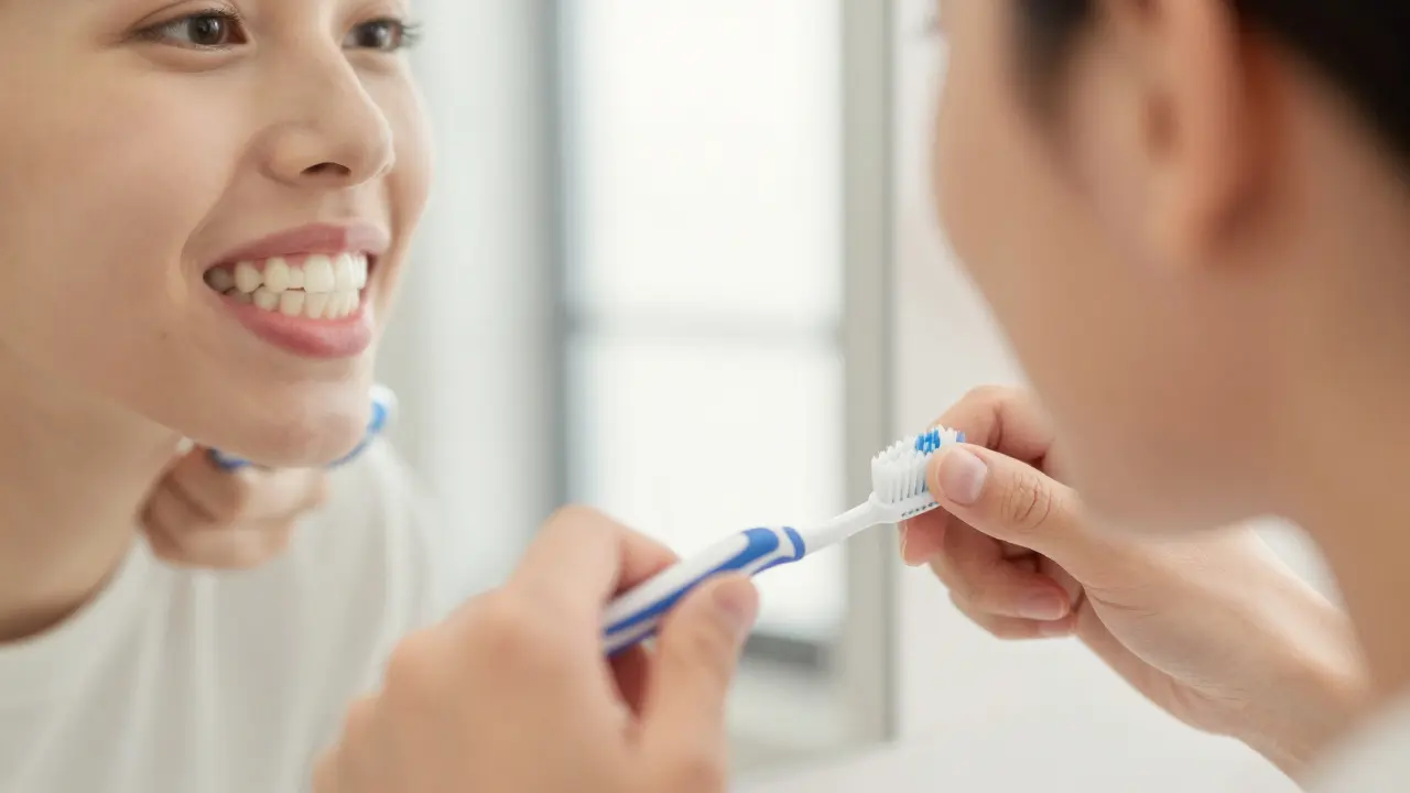 Osoba čistí zuby měkkým štětcem, důkladně na hranách zubů a u dásní.