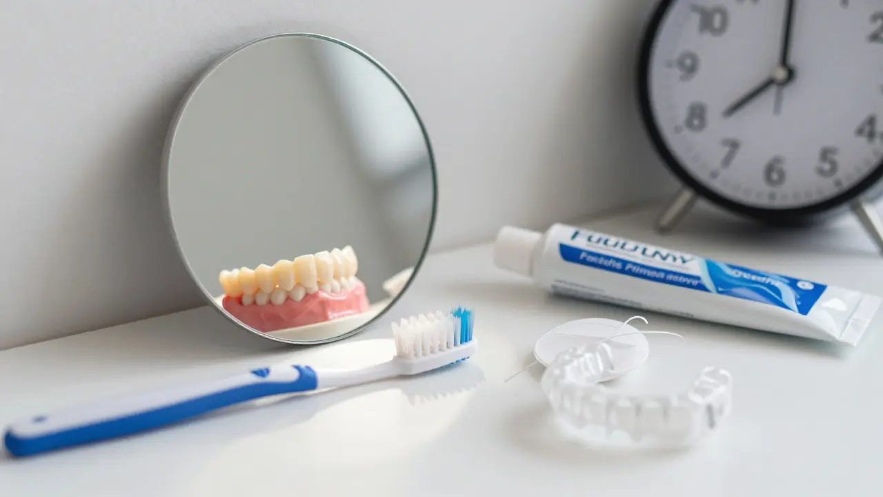 Péče o veneery: kartáček, nit, noční štít a zdravé zuby v zrcadle.