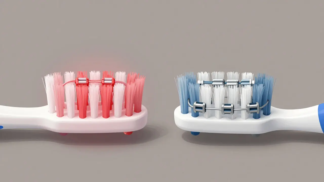 Porovnání poškození dásní běžným kartáčkem a jemným čištěním Curaprox kolem rovnátek.