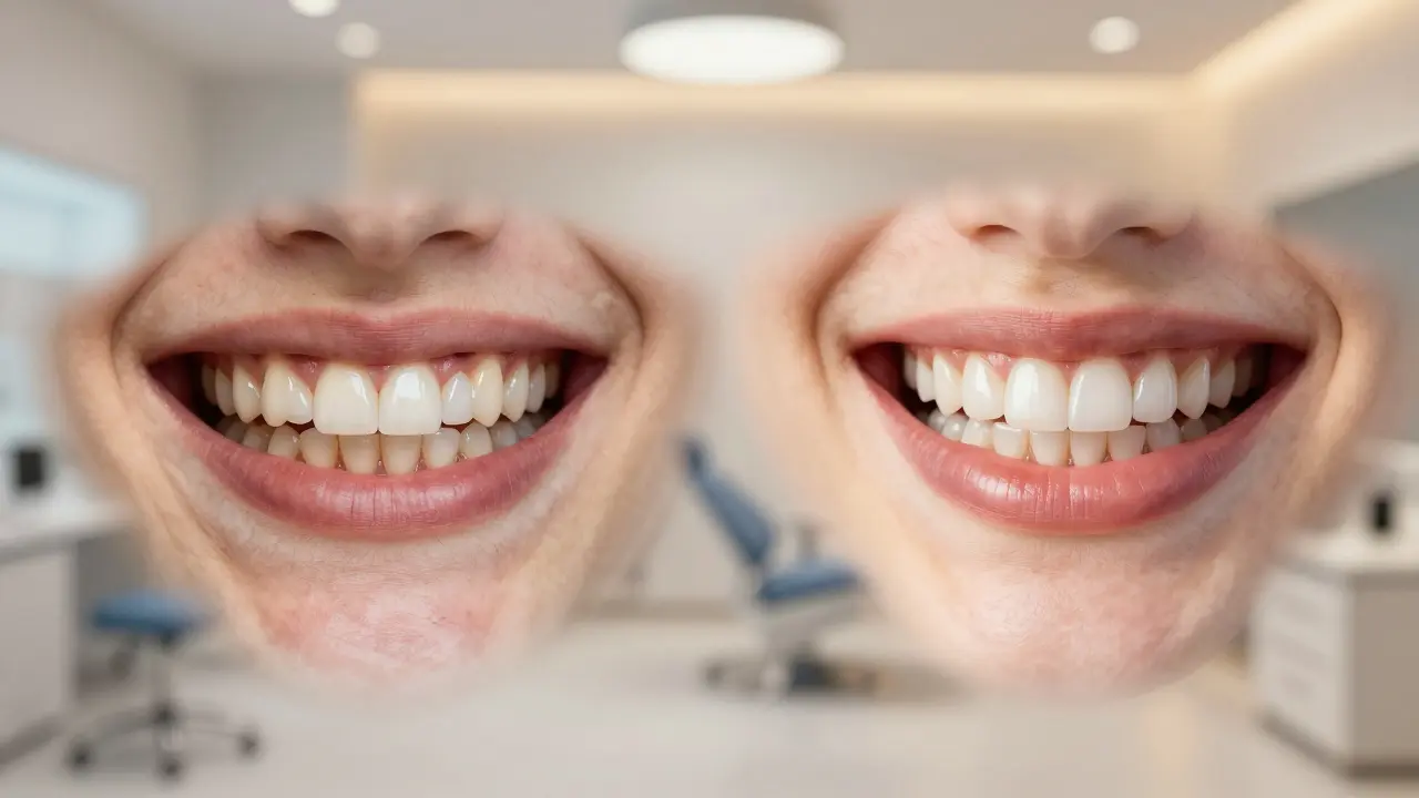 Porovnání před a po: tmavé, nerovné zuby vs. lesklé, dokonalé fazety.