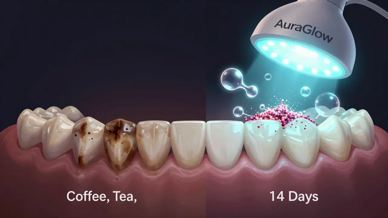 Porovnání tmavých a bělících se zubů s molekulárními strukturami a LED světlem.
