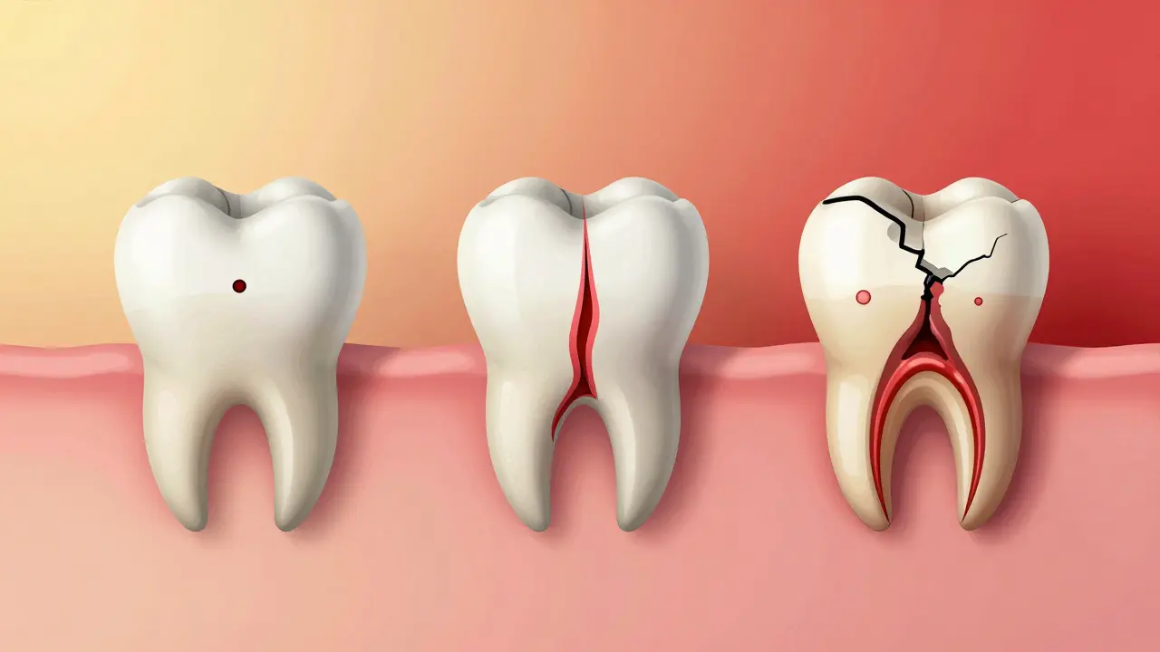 Postupné šíření karies od malé díry až k rozpadu zubu