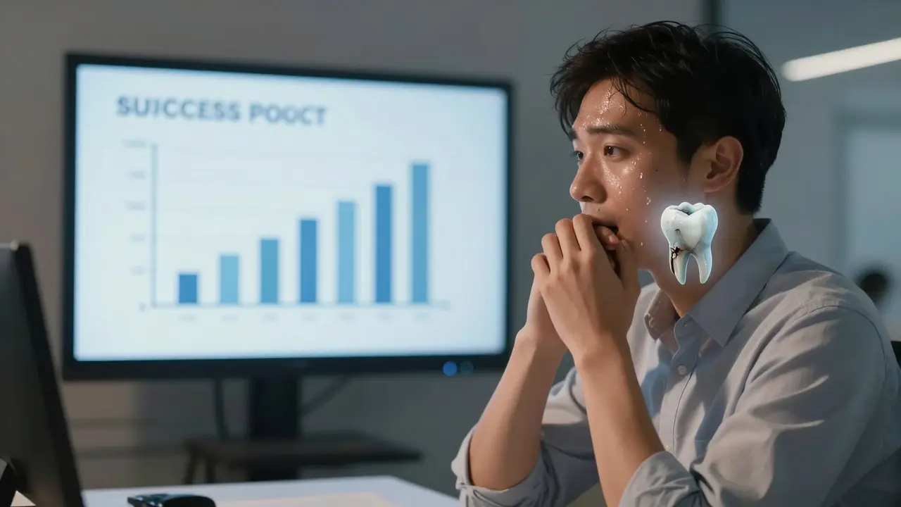 Pracovník při prezentaci skrývá ústa, zatímco nad jeho čelistí visí průhledný obraz kazivého zubu.