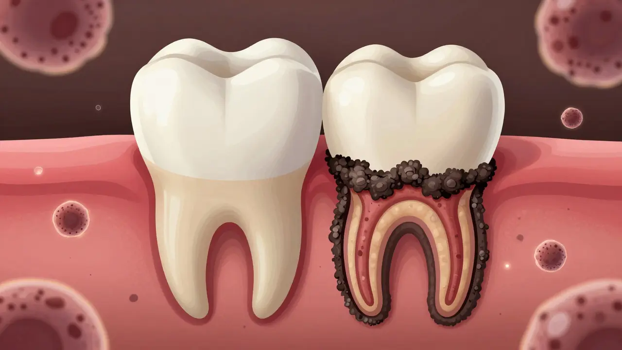 Příčný řez zubem s viditelným zubním kamenem a bakteriemi vedle zdravého smaltu.