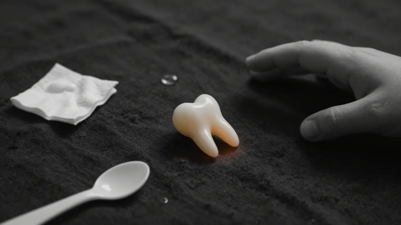 První mléčný zub leží na látkě s chladným houbíkem a lžíci.