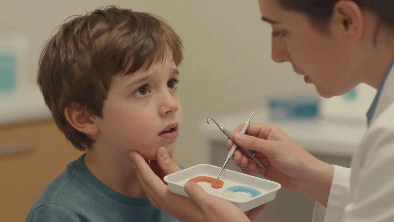 Rodič a ortodont diskutují o bezpečných gumičkách pro dítě.