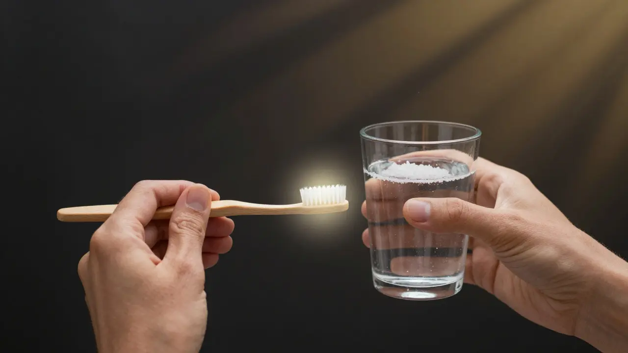 Ruce drží měkký kartáček a solnou vodu, symbolizující hojení.