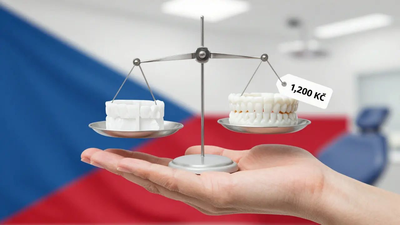 Scale balancing a basic dental filling against a premium one, symbolizing cost difference.