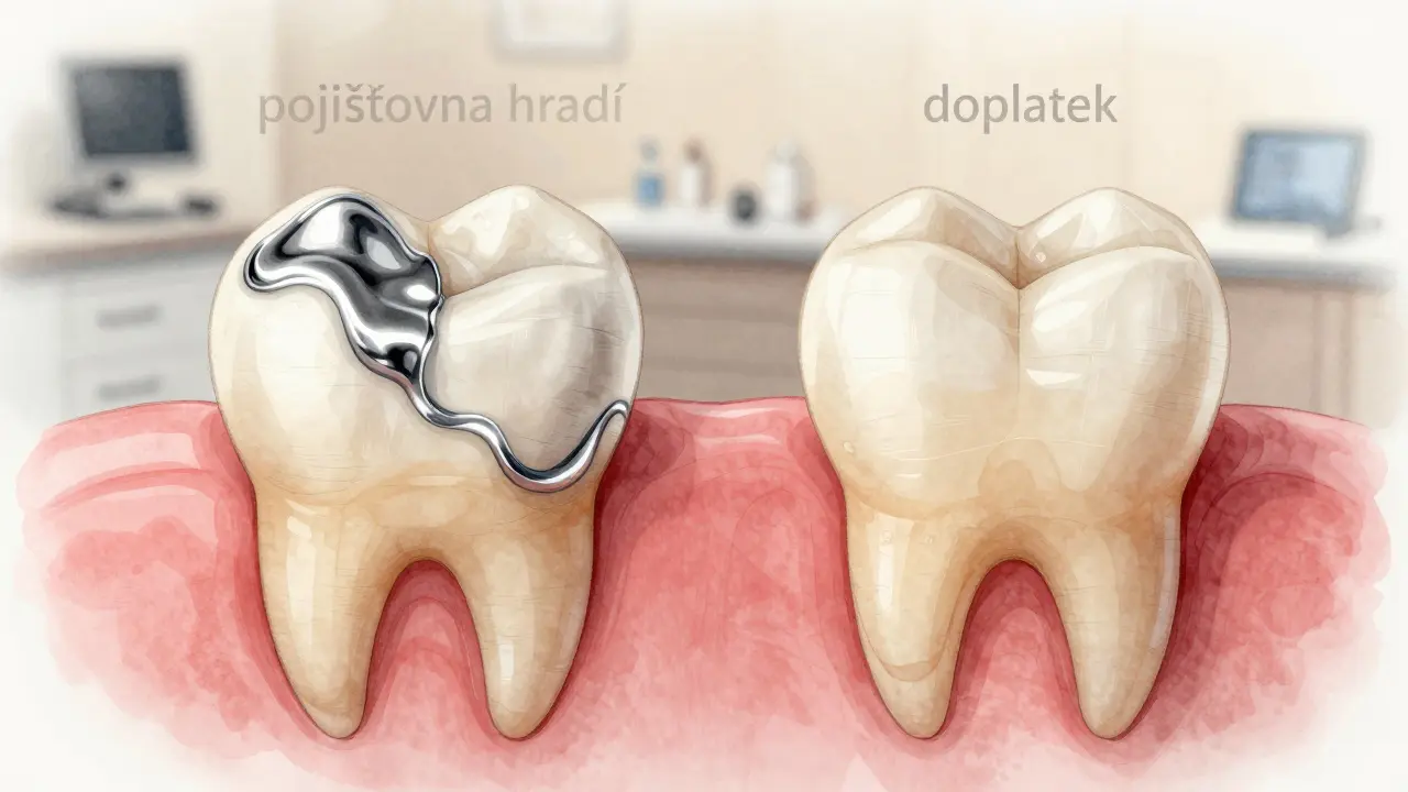 Side-by-side comparison of silver amalgam and white composite dental fillings in cross-section.