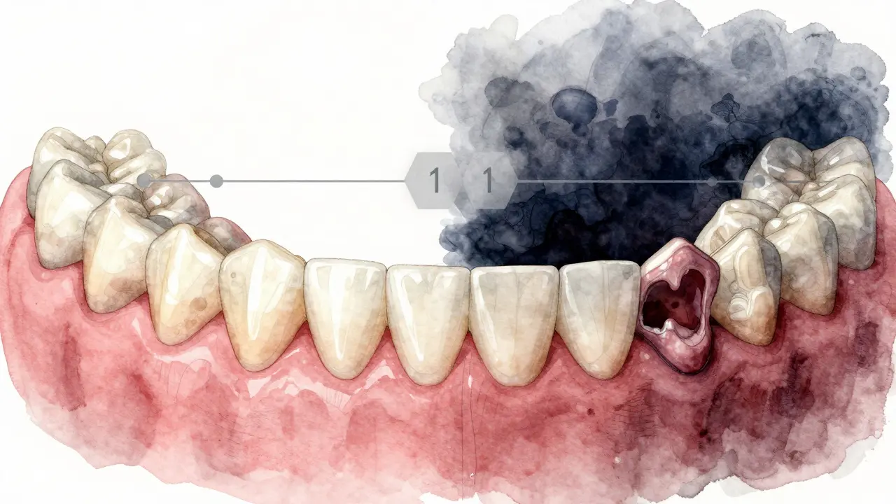 Srovnání zdravých a poškozených zubů po jedné noci nečištění.