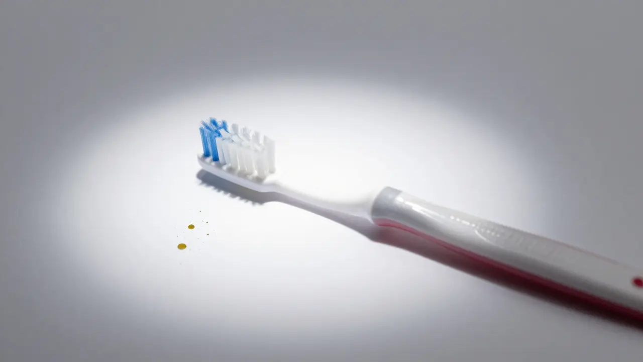 Sterilně zabalený kartáček Curaprox s barevnou rukojetí a jemnými štětinami na bílém pozadí.