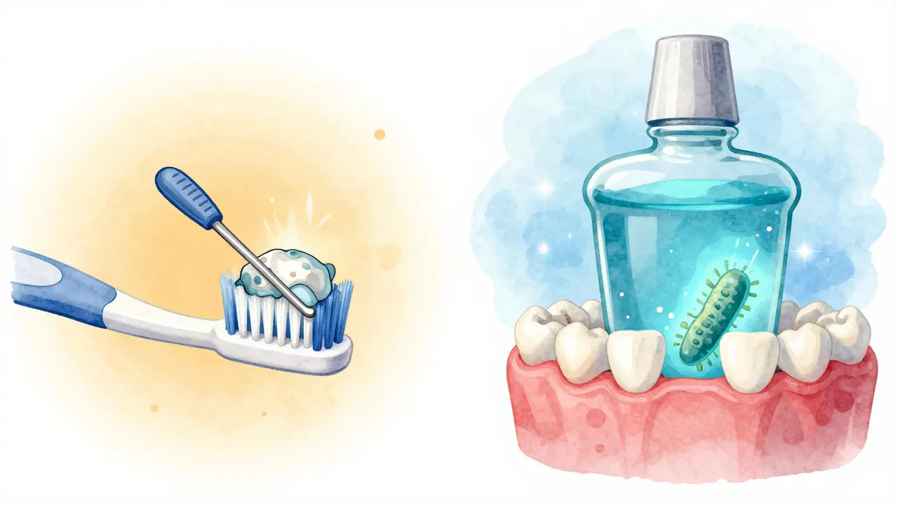 Symbolická ilustrace spolupráce kartáčku a zubní vody při odstraňování bakterií.