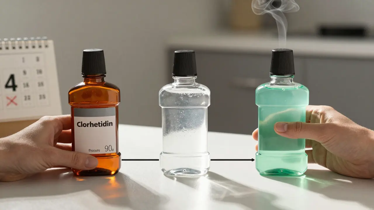 Tři typy zubních vod: chlorhexidin, fluorid a bez alkoholu, uspořádané podle použití.