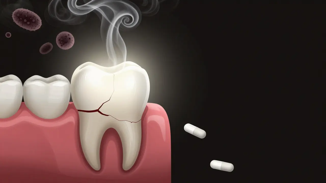 Vnitřek zubu s bakteriemi, které se šíří, zatímco endodontická léčba svítí.