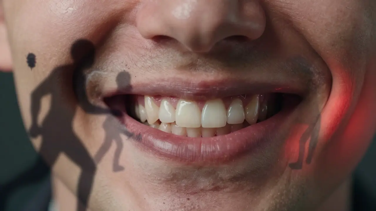 Zdravý úsměv s odstupujícími stínami zubního plaku a kamenů jako symbol prevence.