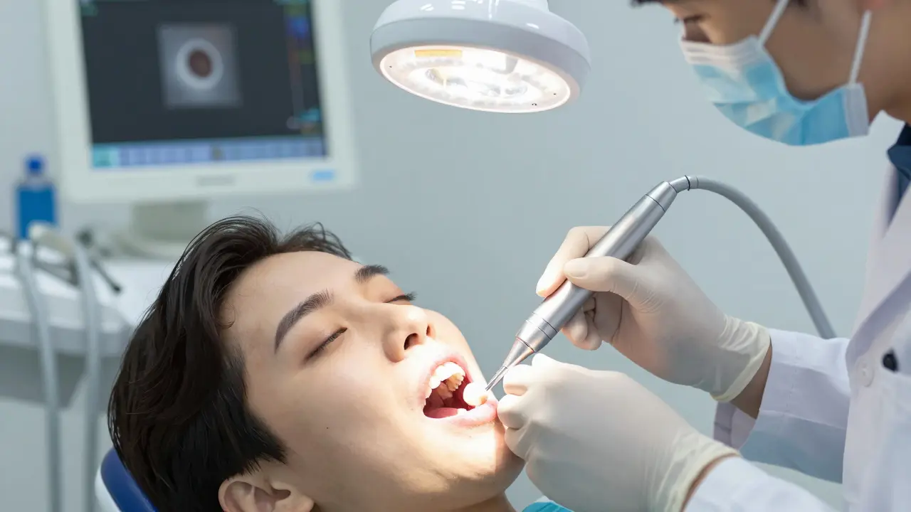 Zubní lékař vyplňuje díru kompozitní plombou