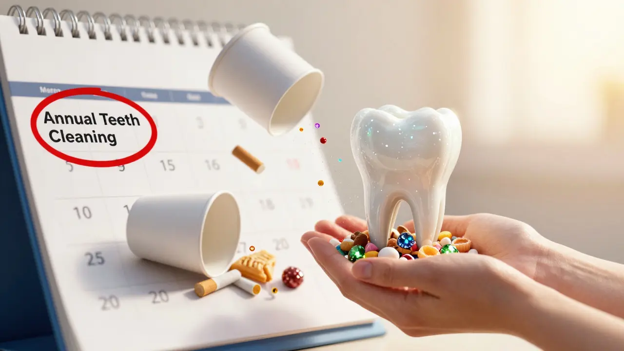 Zuby v záři slunce nad odpadky z kávy a cigaret, symbolizující prevenci a péči.