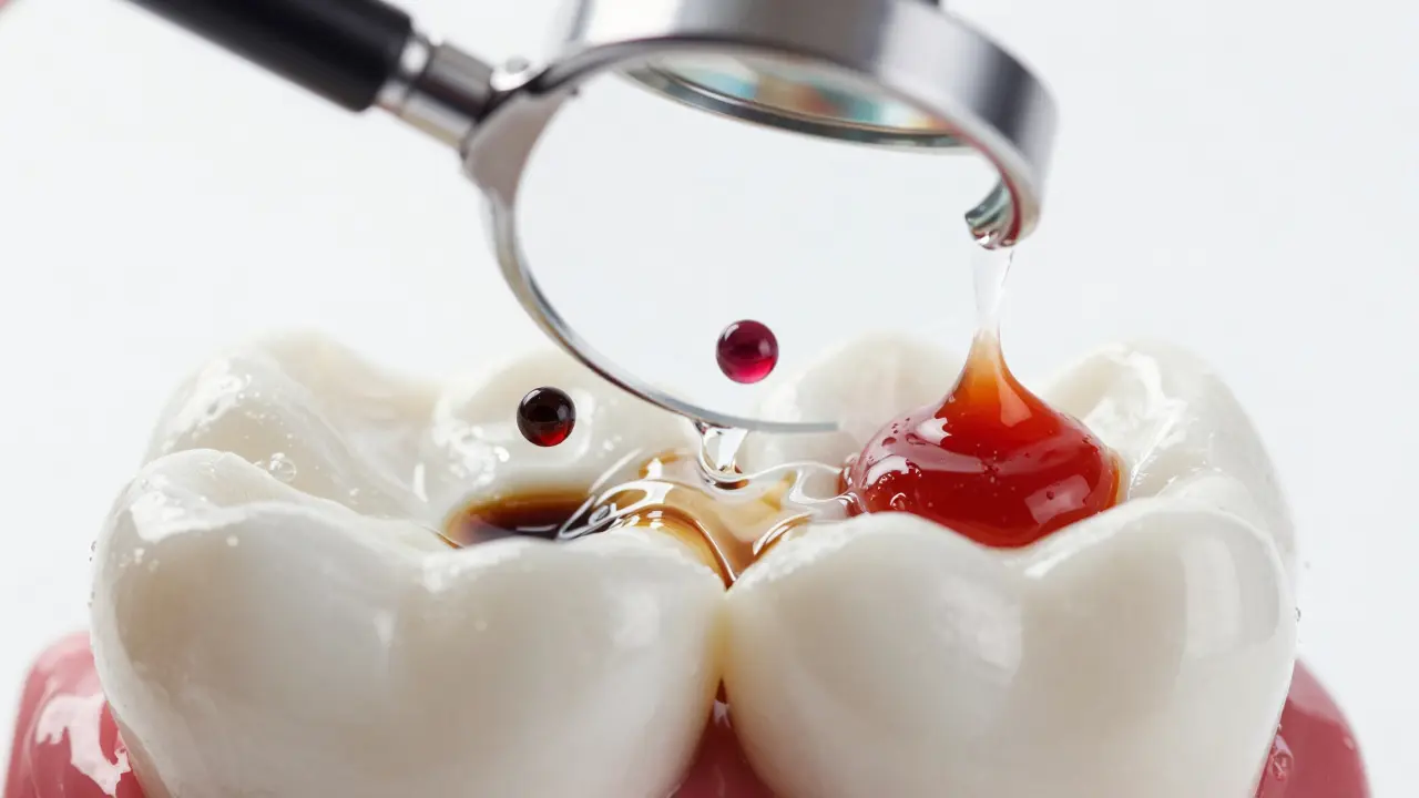 Zvětšený pohled na zub s otevřenými póry a barvivy blížícími se k němu.