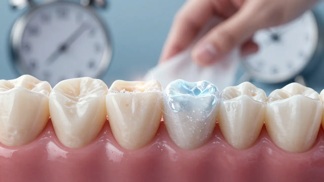 Zvětšený pohled na zubní sklovinu s jemnými částicemi a fluoridovou vrstvou.