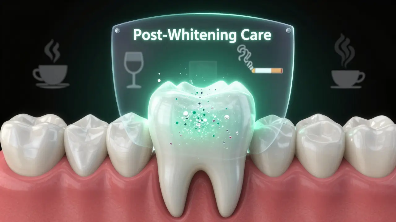Zvětšený zub s rozkladem pigmentů, kolem něj symboly kávy, vína a kouře blokované štítem.