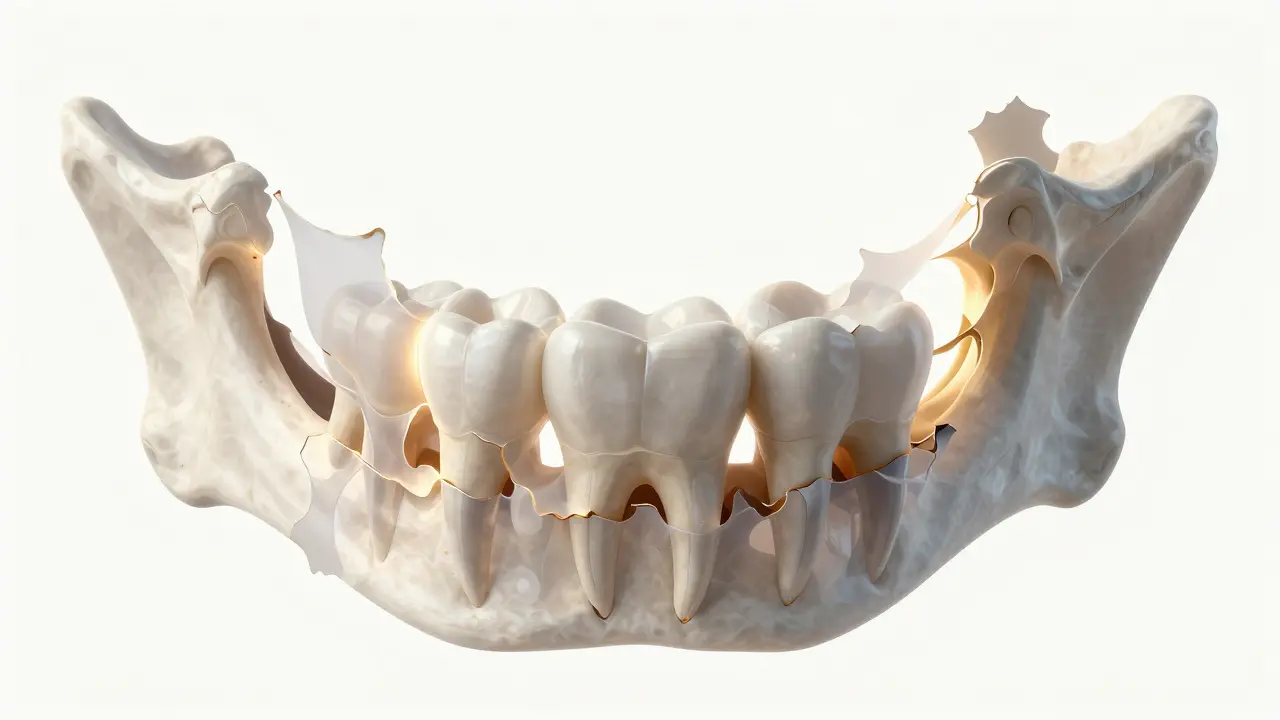 Abstraktní znázornění resorpce kosti po vytržení zubu, kde kost postupně mizí a přetváří se.