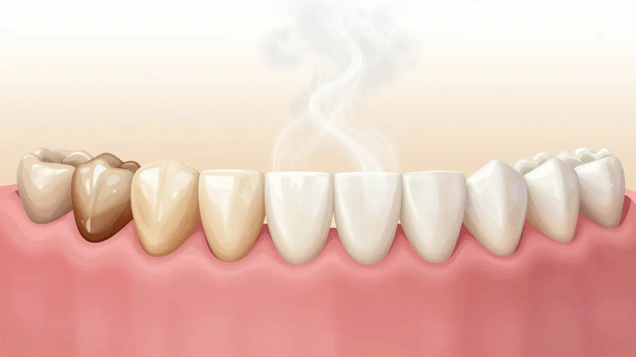 Before and after comparison of stained teeth versus clean, bright teeth after air abrasion.