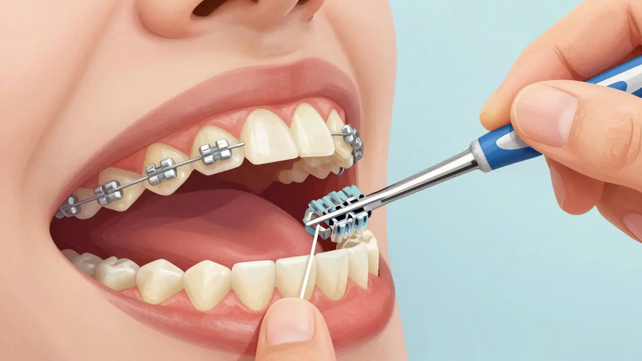 Čištění fixních rovnátek interdentalním kartáčkem a nití