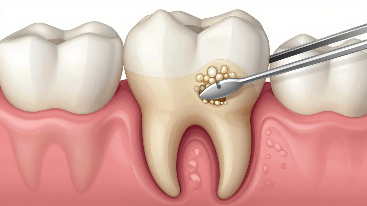 Dental curettes removing plaque and calculus from beneath the gumline.