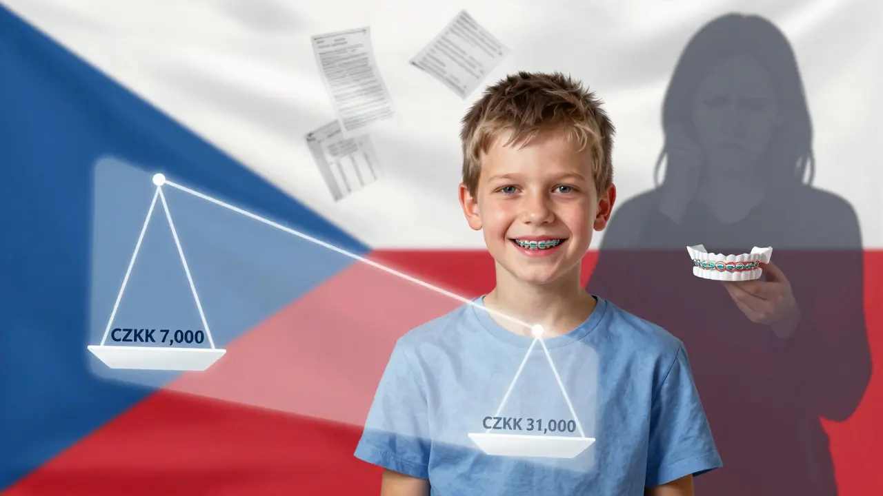 Dítě s kovovými rovnátky a finanční váhou ukazující rozdíl mezi hrazením a vlastním příspěvkem.