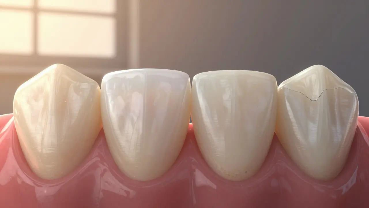 Dva přední zuby vedle sebe: jeden s přirozeně vypadající, lesklou fazetou, druhý s matnou a poškozenou.