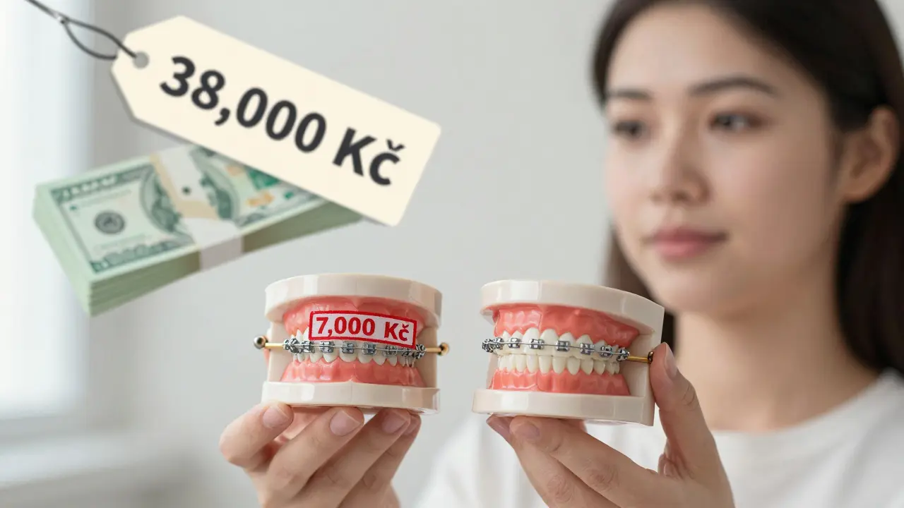 Dvě sady rovnátek – kovová a keramická – s označením hrazení 7 000 Kč a vysokou doplatkou.