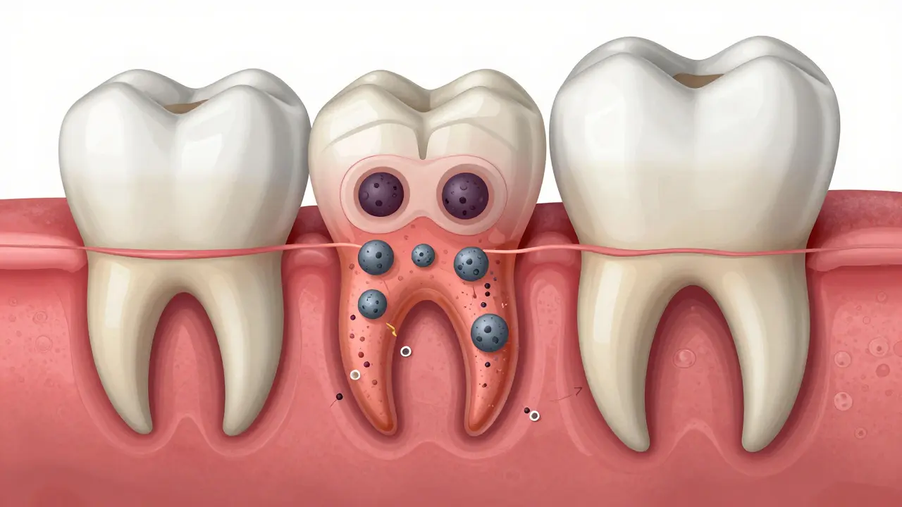 Křížový řez zubu a dásně s kalcifikovaným nánosem a bakteriálním zánětem pod dásní.
