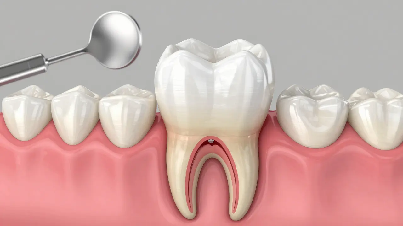 Křížový řez zubu s hnisem v kořeni a tenká keramická fazeta nad ním.