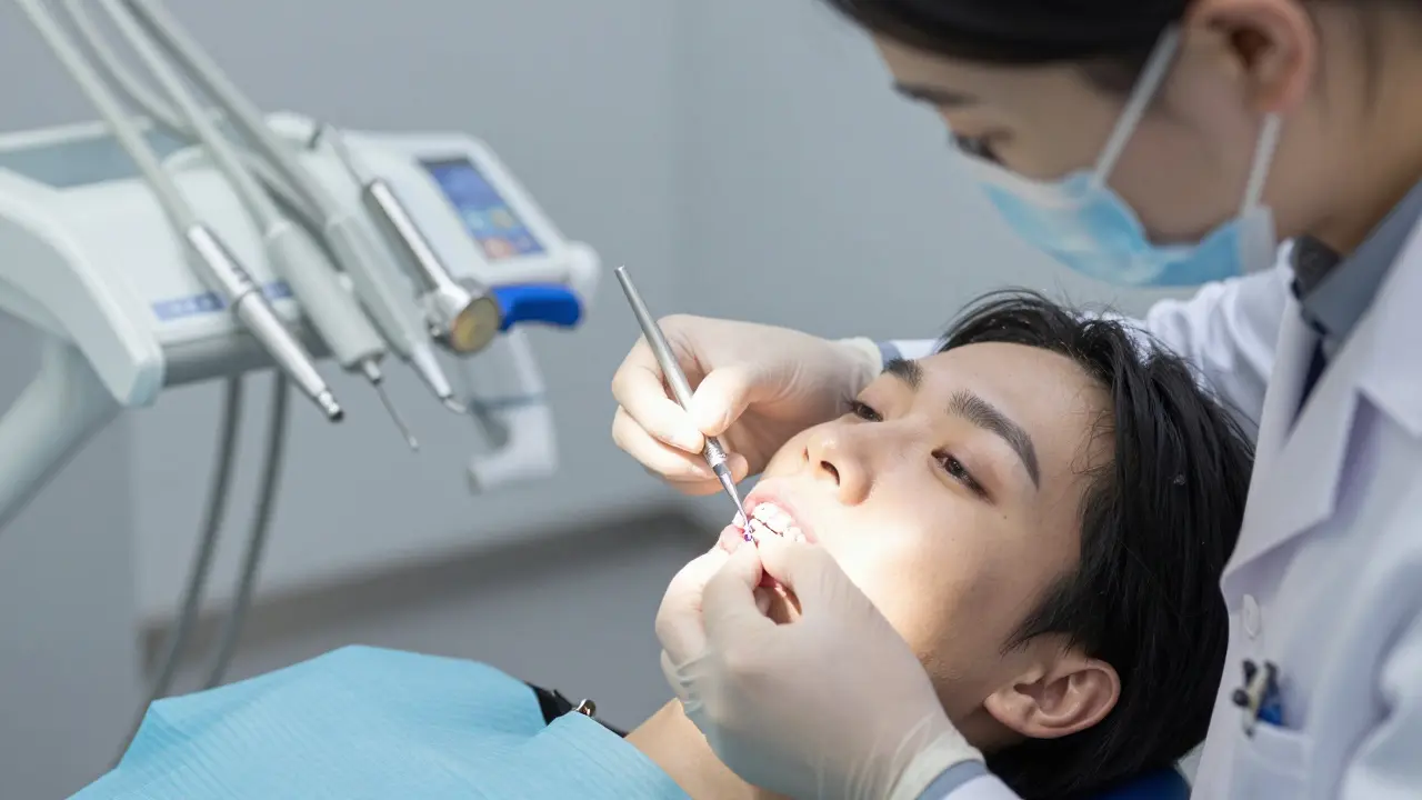 Ortodont upravuje rovnátka během kontroly