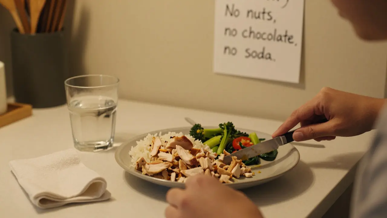 Osoba jí s pečlivě připraveným jídlem, vedle ní je sklenice vody a seznam zakázaných potravin na zdi.