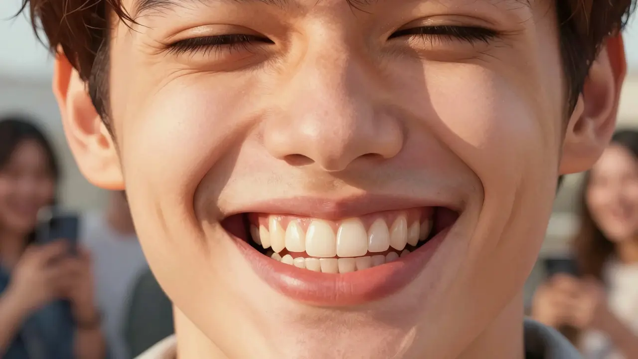 Osoba po aplikaci zubních fazet, světlý, přirozený úsměv v teplém osvětlení.