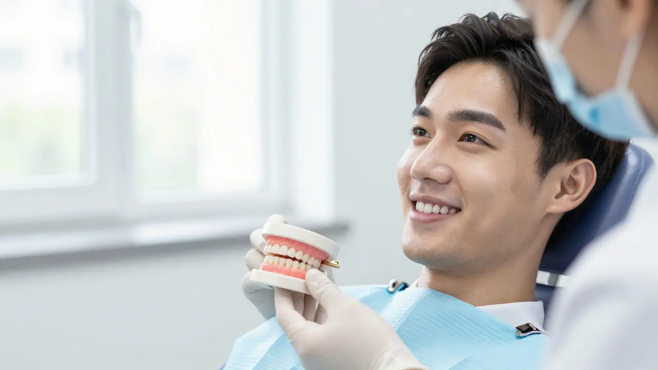 Pacientka se usmívá v zubní klinice, lékař drží keramickou fazetu u zdravého zubu.