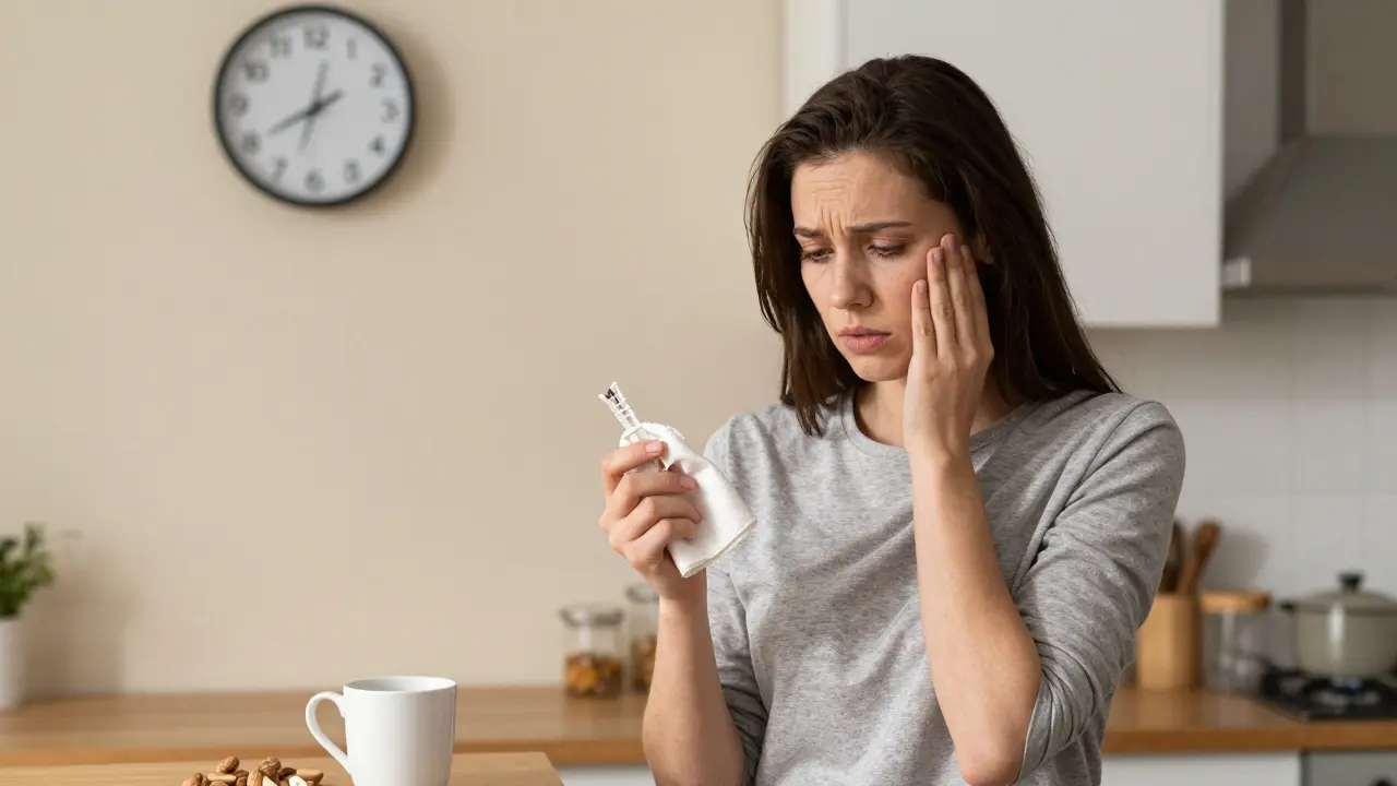 Patient holding fallen dental bridge at home, with coffee and nuts nearby, symbolizing delayed care.